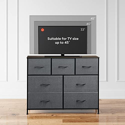 WLIVE 7 Drawer Dresser TV Stand, Entertainment Center, Media Console Table with Metal Frame and Wood Top for TV up to 45 inch, Chest of Drawers for Bedroom, Living Room, Dark Grey - color: Dark Grey