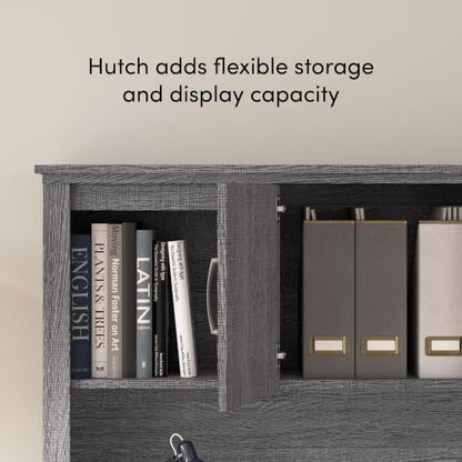 Bestar U or L Shaped Desk with Hutch and Drawers, Bark Grey, Logan, 66W | With Drawers and Hutch; The Bestar Logan U or L Shaped Desk with Drawers and Hutch offers a customizable solution - color: Bark Grey