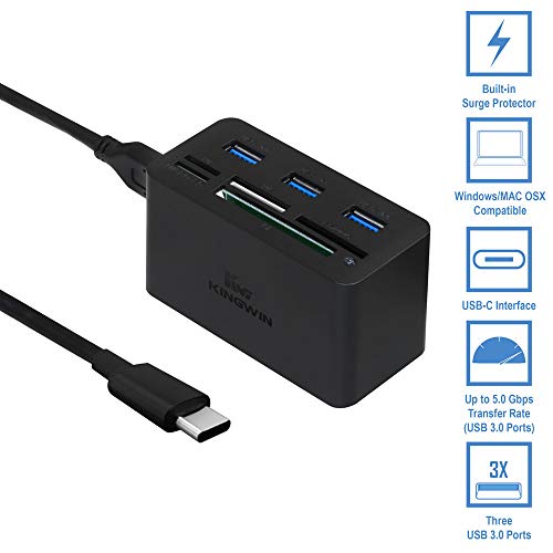 Kingwin USB C Hub Adapter w/ Card Reader Write & USB 3.0 HUB - Thunderbolt 3 Supports High Speed SD MS Micro M2 CF For Macbook, Laptop, Desktop type-c - style: USB C