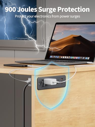 Recessed Power Strip, 6 Outlets 5 USB (3 USB-C, 15W/3A Max), 5FT Flat Plug | Flush mount power strip, desktop charging station for desk, nightstand, side table, 1875W/15A, 900J surge protection, Black