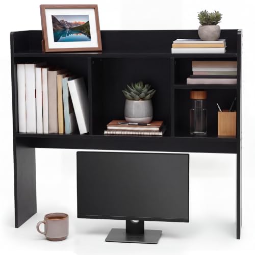 Vercraft Dorm Desk Hutch Wood Desktop Bookshelf with 6 Shelves 3 Tier Countertop Desk Shelf Top Only Organizer 32.4'' Multipurpose Display Rack for Computer Work for College Office Home(Black) - color: Black