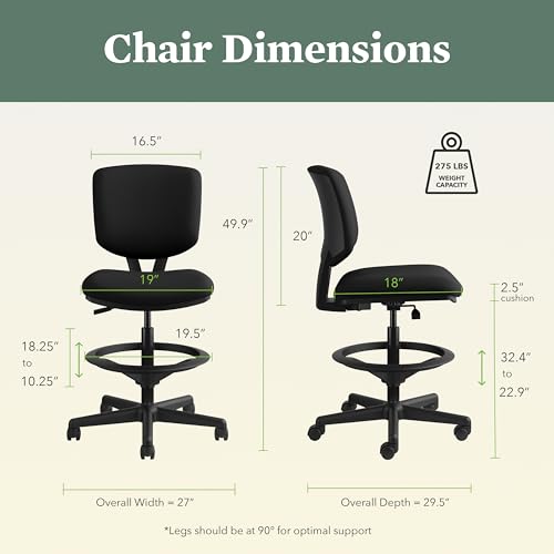 HON Volt Ergonomic Office Stool, Armless, Office Desk Computer Chair, Black - color: Fabric Back - Stool