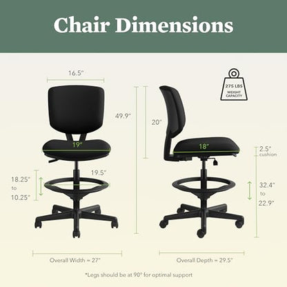 HON Volt Ergonomic Office Stool, Armless, Office Desk Computer Chair, Black - color: Fabric Back - Stool