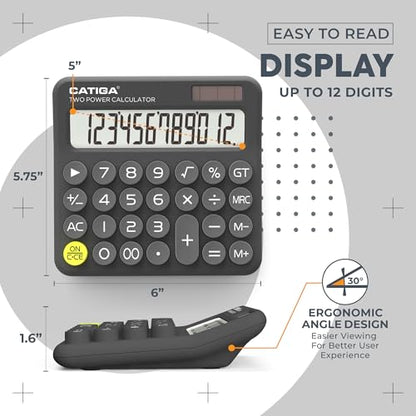 CATIGA Mechanical Switch Calculator with Solar and Battery Dual Power, 12-Digit Large LCD Display, Aesthetic and Cute Desktop Calculator with Big Button, for Home, School and Office Use, SD-1299 - color: Z) Charcoal Gray