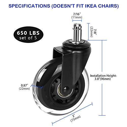 Hirate 5 Pack 3 inch Office Chair Caster Wheel Universal Stem 7/16" x 7/8" - color: Dual Brake, size: 3"