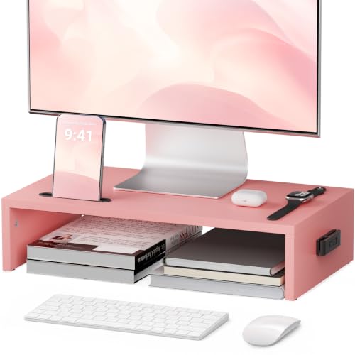 BONTEC Monitor Stand Riser with Cellphone Holder & Cable Management | 16.7 Inch Wood Monitor Riser Stand, Desktop Stand for PC/TV/Laptop/Printer, Pink - color: Pink, size: 16.7 Inch