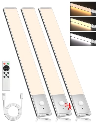 Under Cabinet Lighting Wireless Motion Sensor Light Indoor, 12" Rechargeable Kitchen Bar Lights, 300LM Ultra-Bright Cabinet Lights with Remote, 2500mAH, USB-C, 3 Colors, 3 Packs