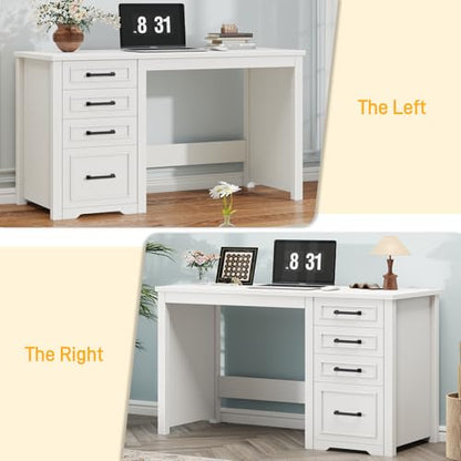 Vabches Farmhouse 49” Executive Desk with File Drawer, Cream White | 4 Drawers Reversible Computer Desk with Storage, Rustic Home Writing Workstation for Home Office - color: 49in Cream White
