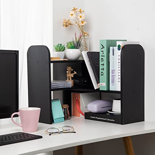 Desktop Adjustable Natural Wood Book Shelf Organizer Office Storage Rack Display Stand Caddy Set Expandable Desk Organizer (Black) - color: Black