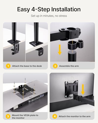 monTEK Extra-Long Monitor Arm for 17-32" Screens, 22 lbs | Articulating desk mount, extended reach, height adjustment, tilt, swivel, clamp/grommet bases and VESA 75/100 - size: Single Monitor