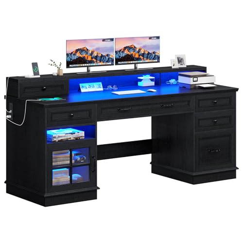 BTHFST 59.1" Executive Desk with File Drawer, Charging Station, Black - color: Black