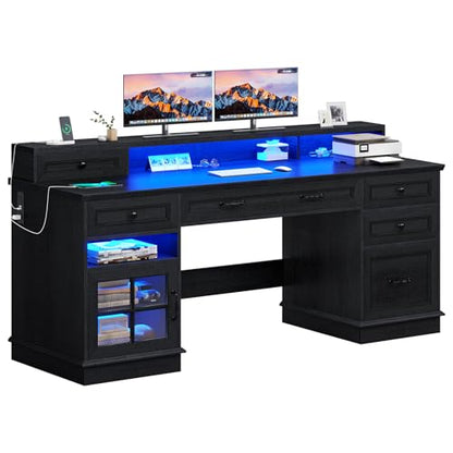 BTHFST 59.1" Executive Desk with File Drawer, Charging Station, Black - color: Black