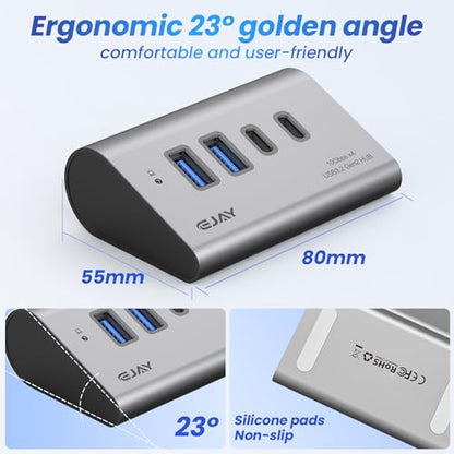 EJAY 10Gbps USB 3.2 Hub, 4-Port USB C/A Splitter for SSD,Laptop,PC,Mac | Aluminum,23° Ergonomic,Extra Power Supply Port,Stable Data Transmission,Dual Cable - color: Gray