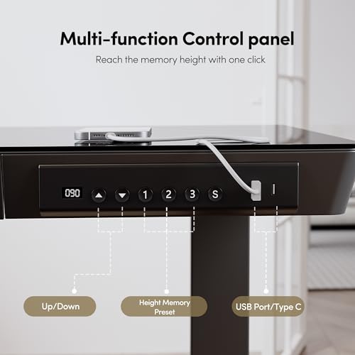BANTI Electric Standing Desk with Drawers, 48 inch Whole-Piece Glass Desktop, Height Adjustable Stand up Sit Stand Home Office Ergonomic Workstation, Black Tabletop - color: Black, size: 48 inch