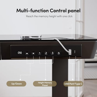 BANTI Electric Standing Desk with Drawers, 55 inch Whole-Piece Glass Desktop, Height Adjustable Stand up Sit Stand Home Office Ergonomic Workstation, Black Tabletop - color: Black, size: 55 Inch