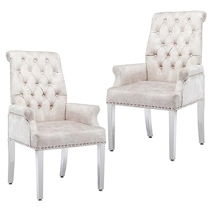 LOULENS Velvet Dining Chairs Set of 2, Dining Chairs with Arms, Beige | Upholstered, High Back, Tufted, Luxurious, Stainless Steel Leg, for Kitchen & Dining Room - color: Beige, size: 2 PCS