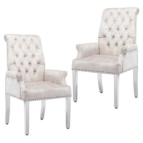 LOULENS Velvet Dining Chairs Set of 2, Dining Chairs with Arms, Beige | Upholstered, High Back, Tufted, Luxurious, Stainless Steel Leg, for Kitchen & Dining Room - color: Beige, size: 2 PCS