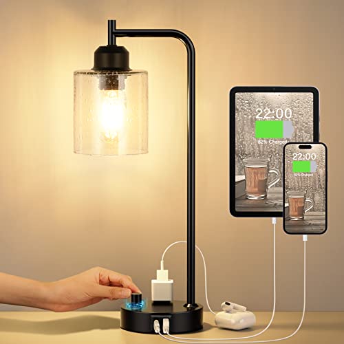 Industrial Desk Lamp, Fully Dimmable Small Bedside Table Lamp, Black, USB C - color: Clear Seeded