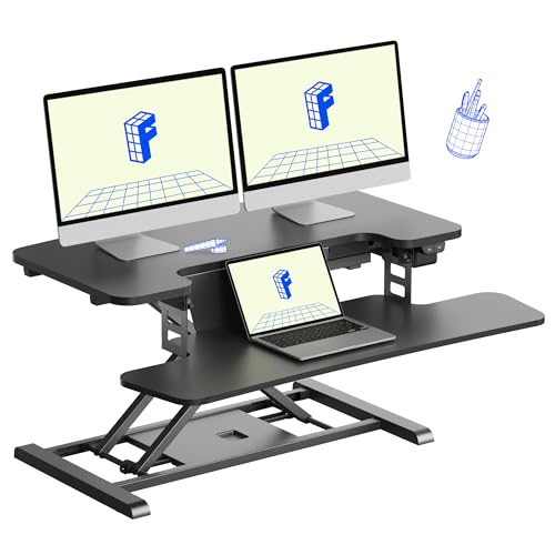 FLEXISPOT 32" Motorized Standing Desk Converter, Electric Stand up Desk Riser, Sit to Stand Dual Monitor and Laptop Workstation with Wide Keyboard Tray, Black - color: Black, size: 32"