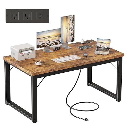 Mericonia 48 Inch Computer Desk with Power Outlets, 1.2" Thick Office Table - color: Brown, size: 48",1.2"T