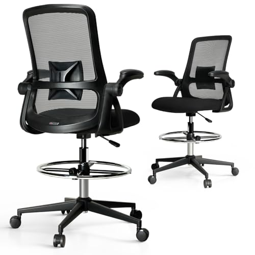 Ergonomic Drafting Chair, Tall Height Adjustable Office Stool with Flip Up Armrest, Adjustable Foot Ring & Lumbar Support, Rolling Mesh High Desk Chair for Standing Desk, Studio & Office Use - color: Matte Black