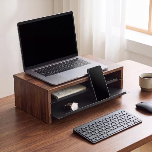 Fenge 14.3-Inch Monitor Stand with Slide-Out Trays, Wood & Metal Desk Shelf - color: Brown