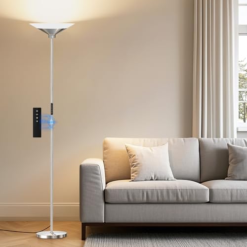 Metallic Silver Torchiere Floor Lamp - 30W Dimmable LED Standing Lamp with Remote/Button Control, 1800Lm, 3000-6500K, 72in Tall Bright Pole Light for Living Room Bedroom Office Corner - color: Metallic Silver