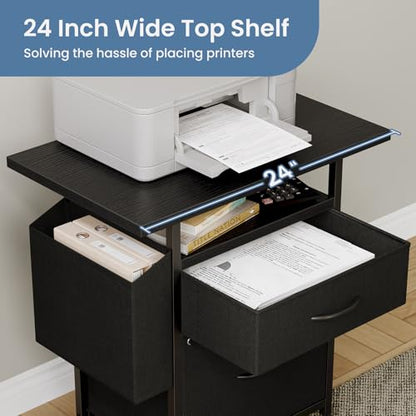 Simple Deluxe 2 Drawer File Cabinet with 24" Extended Desktop, Mobile Filing Cabinet, Rolling File Cabinet with Side Bag, Fabric Drawer, Fits A4/Letter Size, Printer Stand Home Office, Black - color: Black, size: 15"D x 24"W x 25.6"H (2 Drawers)