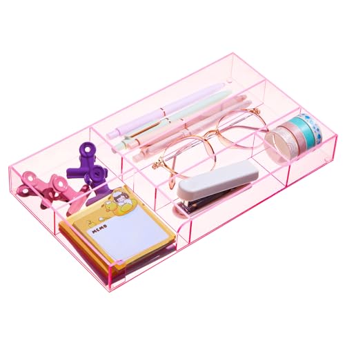 Briwooody Pink Acrylic Drawer Organizer,6 Compartments,Small | 11 x 6.1 x 1.38 Inch Desk Storage Tray Organizer for Pen, Stationery, Desktop, Office, Bathroom, Kitchen, Makeup Supplies - color: Pink, size: Small, style: 6 Compartments