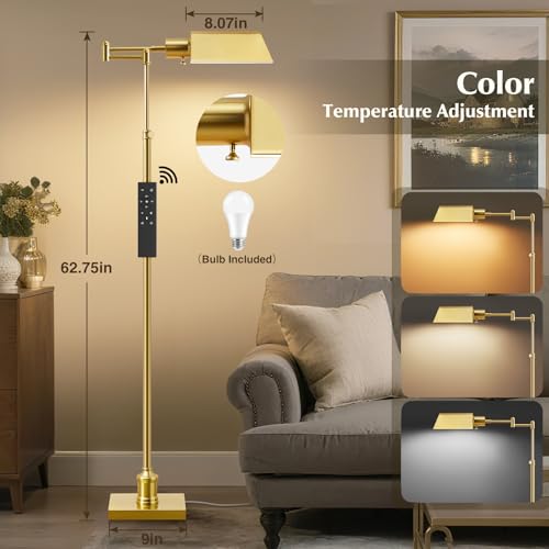 GyroVu Traditional Height Adjustable Pharmacy Floor Lamp with 350° Swing Arm, Color Temperature Adjustable Standing Lamp Metal Shade for Living Room Reading House Bedroom Home Office(Gold) - color: Gold