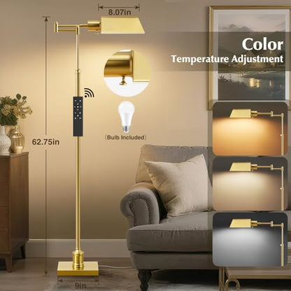 GyroVu Traditional Height Adjustable Pharmacy Floor Lamp with 350° Swing Arm, Color Temperature Adjustable Standing Lamp Metal Shade for Living Room Reading House Bedroom Home Office(Gold) - color: Gold
