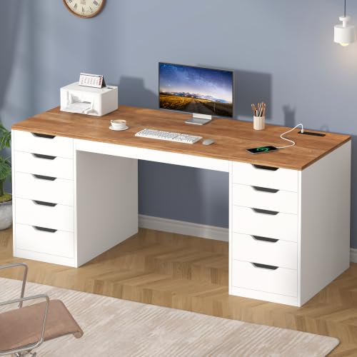 YOMILUVE 55 Inch Computer Desk with 10 Drawers and Outlets for Home Office - color: Brown and White, size: 55inch-10drawers