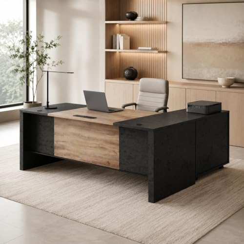 SAINTCY Executive Office Desk with Mobile File Cabinet, L Shaped Desk with Power Outlet & Drawers, Modern Wood Office Desk for Home Office, Studio & Business Workspace (Mahogany, 78.75" W) - color: Mahogany, size: 78.75"W