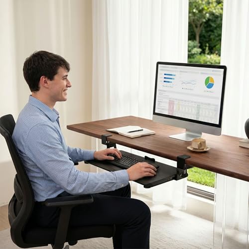 Under‑Desk Clamp Keyboard Tray, 26.77" Slide‑Out Tray, Black - color: Black