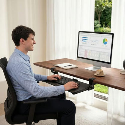 Under‑Desk Clamp Keyboard Tray, 26.77" Slide‑Out Tray, Black - color: Black