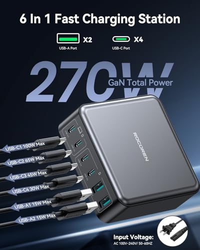 Rocoren 270W GaN 6‑Port Charging Station,100W PD Fast USB‑C Charger Dock - color: Black-270W