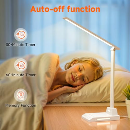 ShineTech LED Desk Lamp for Home Office,Foldable Reading Lamp with Adapter | 25 Lighting Modes and Dimmable, Touch Control, Eye-Caring LED Light for Bedroom Nighstand with Small Night Light, White - color: White