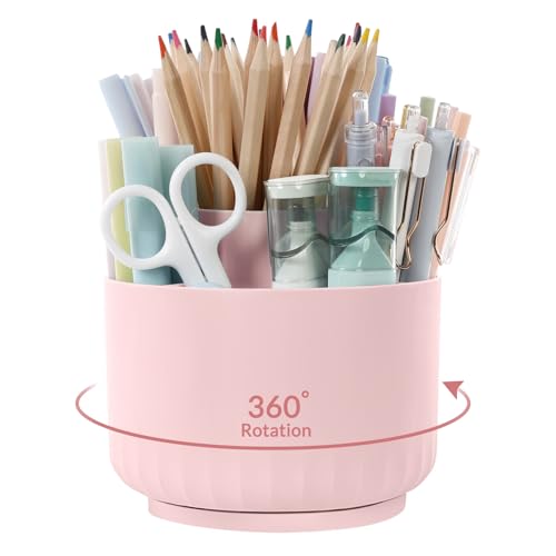SKYDUE Makeup Organizer, Rotating Pencil Pen Holder for Desk, Dual-Purpose Desk Organizer for Cosmetics & Pens, Makeup Brush Holder with 5 Slots, Pencil Cup for Office, Home - color: Pink