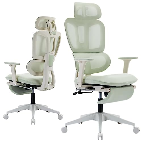 Ergonomic Mesh Office Chair with Retractable Footrest - High Back Computer Chair, Lumbar Support, Adjustable Armrest and Headrest, Durable Base - Multifunctional Home Office Desk Chair for Adults - color: Green