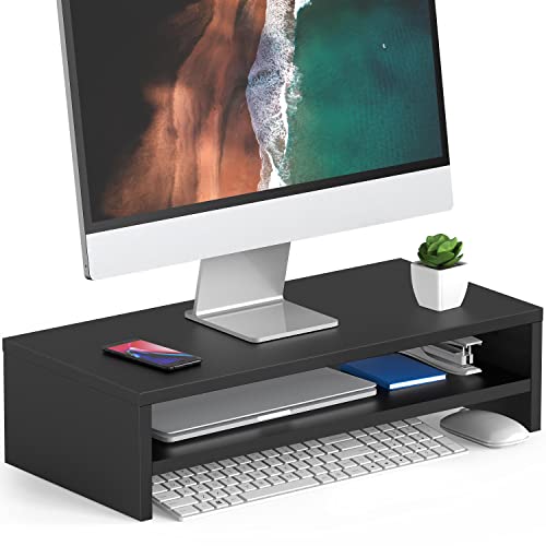 FITUEYES Wooden Monitor Stand Riser, 2-Tier Desk Storage Shelf, Black | 21.3-Inch Desktop Organizer Fits Laptop, Computer Screen and Office Supplies - color: Black, size: 21.3“