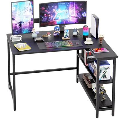 L Shaped Computer Desk, 43 Inch Corner Desk with Reversible Storage Shelves, Home Office Desk with Metal Frame, Modern Simple Style for Home Office, Living Room, Bedroom, Black - size: 43 inch