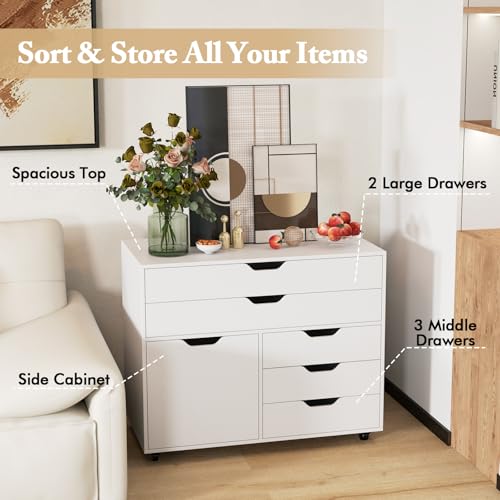 MAT EXPERT 5-Drawer Mobile File Cabinet w/Door, Lateral Filing Cabinet w/5 Universal Wheels, Rolling File Cabinets with Storage, Modern Wood Printer Stand for Home Office, Living Room, Study (White) - color: White
