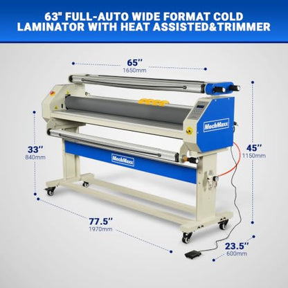 65" Full-Auto Cold & Heat Assisted Laminator Machine with 4 Trimmers, Max Speed 40ft/min, 63" Max Width, 1.1" Max Thickness, Infrared Heating, (Requires Air Compressor, Not Included),1700-B2