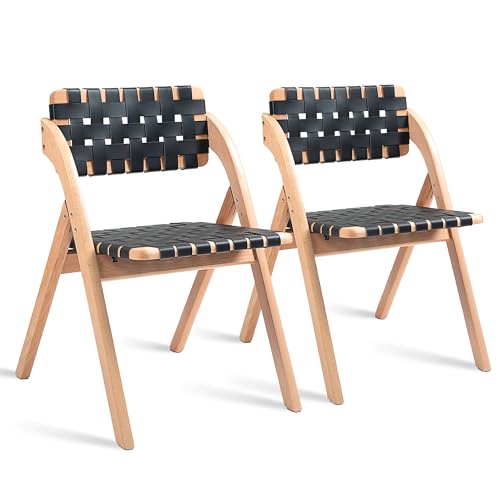 Folding Dining Chairs Set of 2 | Wooden Foldable Chair with Leather-Woven Backrest and Widened Seat Extra for Guests Kitchen Office Wedding Picnic Black - color: Black With Leather Strap, size: 2PCS
