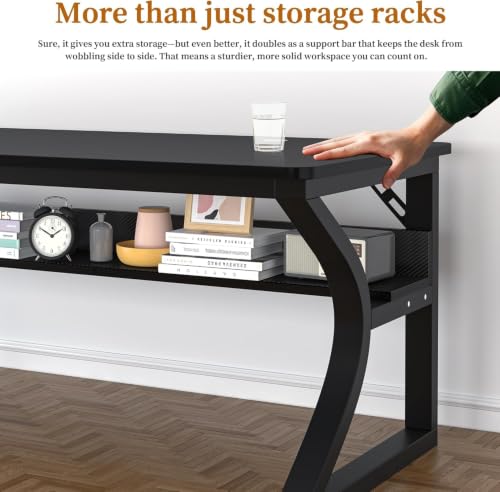 47'' Computer Desk Home Office Desk, Modern Computer Desk w/U Shaped Metal Frame, Storage Shelves, PC Table Study Writing Desk Workstation for Home Office (55inch/Carbon Fiber Black) - size: 55inch/Carbon Fiber Black