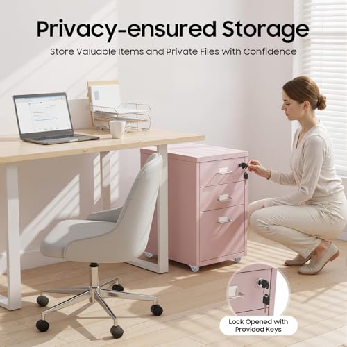 CNCEST 2-Drawer Vertical Metal File Cabinet Pink Lockable Rolling Casters | Steel Body with Smooth Extension Slides Compact Unit Fits Under Desks in Home Offices Quick Assembly Space-Saving Design - color: Pink
