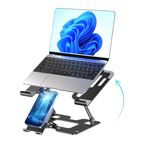 Ergonomic 2-in-1 Laptop Phone Stand for Desk, Adjustable Riser, Sturdy and Portable, Fits All Laptops and Phone（Black） - color: Black