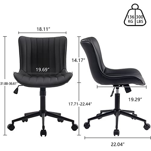YOUNIKE Black Office Desk Chair with Wheels Armless Vanity Chair Modern | Faux Leather Upholstered with Rocking Back, Swivel Height Adjustable Small Cute Computer Rolling Task Chair Ergonomic 300lb - color: Black, size: Base Black