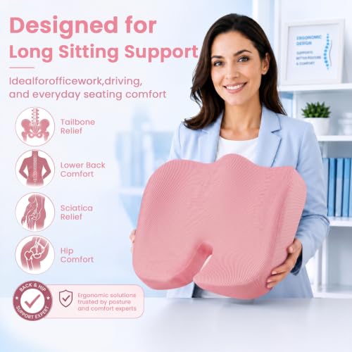 Seat Cushion, XL Large Memory Foam Cushion for /Office Chair/Car/Wheelchair - color: Pink