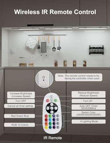 Diomart RGB Under Cabinet Lights Plug-in, 12 Inch, 3 Pack | Remote,Under Cabinet lighting, Dimmable, LED Light Bar for Kitchen, Multi-Color for Desk, Closet